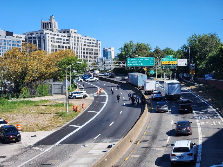 BQE morning, a motorcycle, and a box truck
